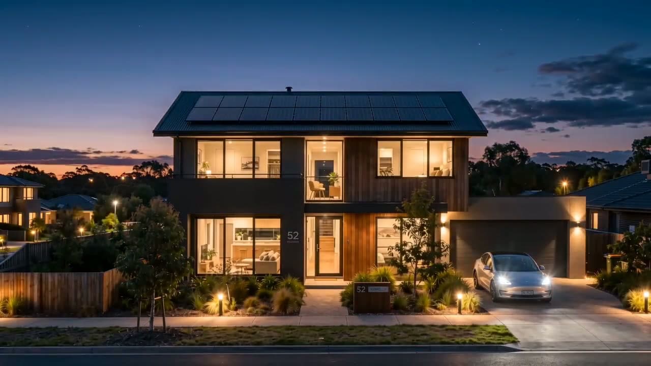 Perth home with solar panels at dusk